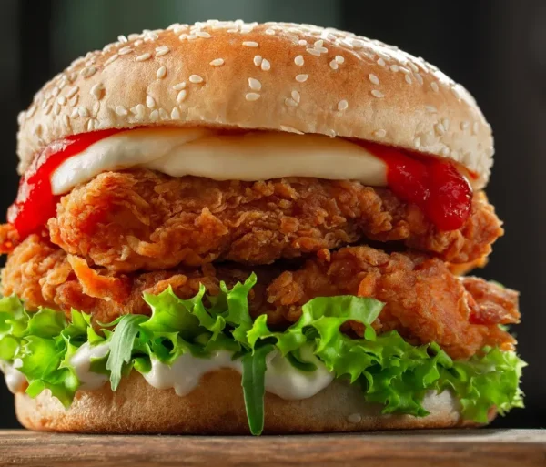 Pollo Dorado Hamburguesa de Pollo apanado, lechuga, tomate, cebolla, mayonesa, mostaza, y queso Cheddar
