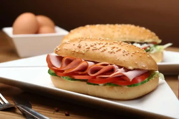 Emparedado de jamón ahumado o cocido con vegetales y queso Mozzarella o muenster, mantequilla y mayonesa
