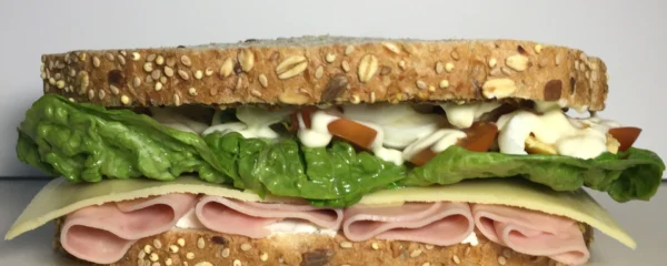 Emparedado de pavo Pechuga de pavo cocida, queso Mozzarella, lechuga romana, y tomate